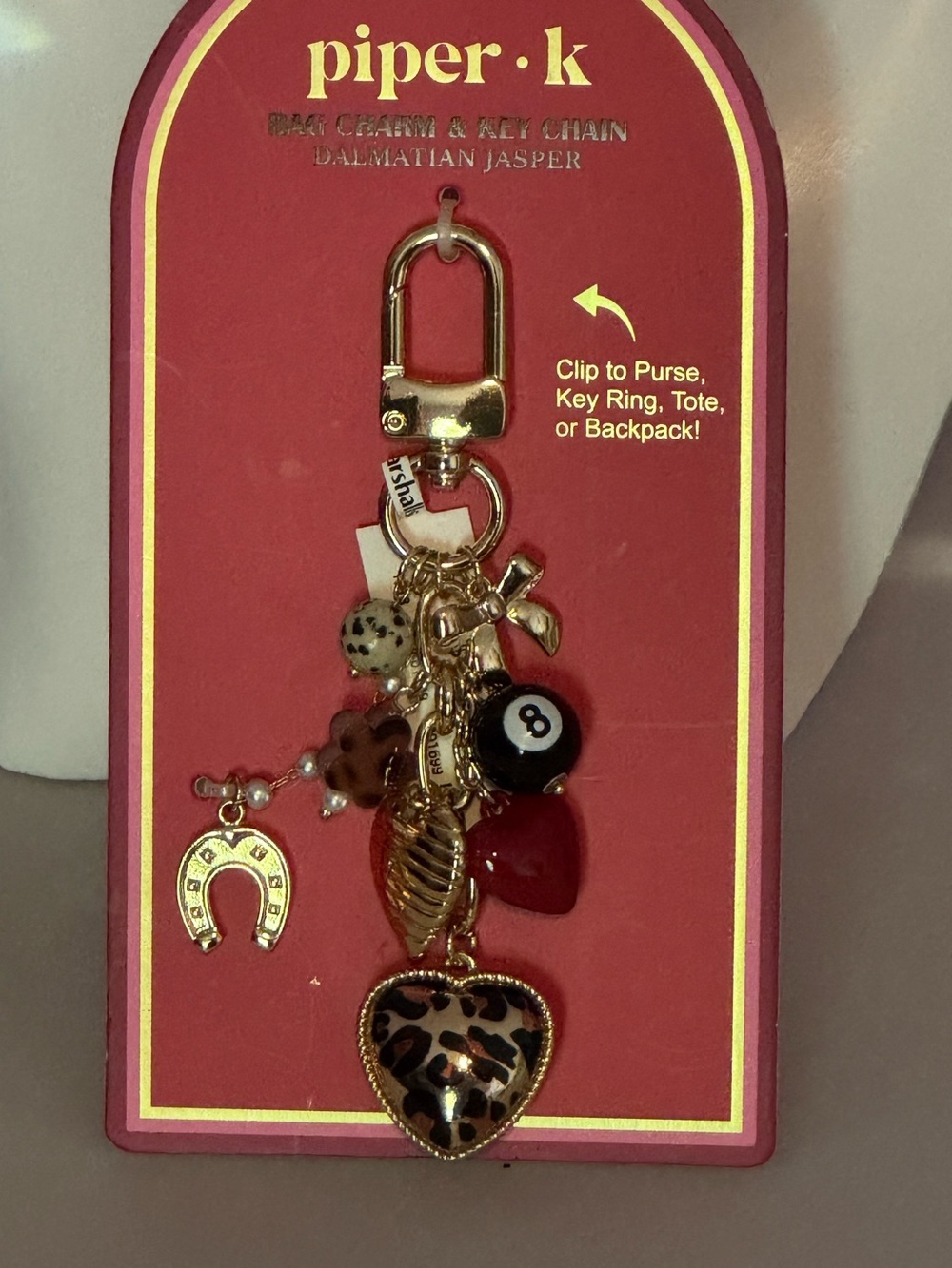 Piper Keychain with Gold Hardware, Black, Red, Tan Accents